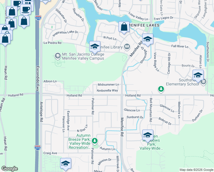 map of restaurants, bars, coffee shops, grocery stores, and more near 28613 Midsummer Lane in Menifee