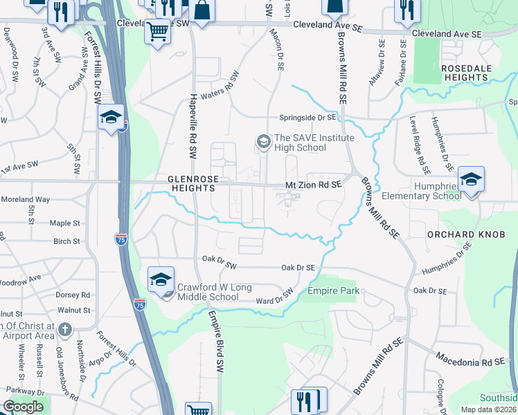 map of restaurants, bars, coffee shops, grocery stores, and more near 50 Mt Zion Rd in Atlanta
