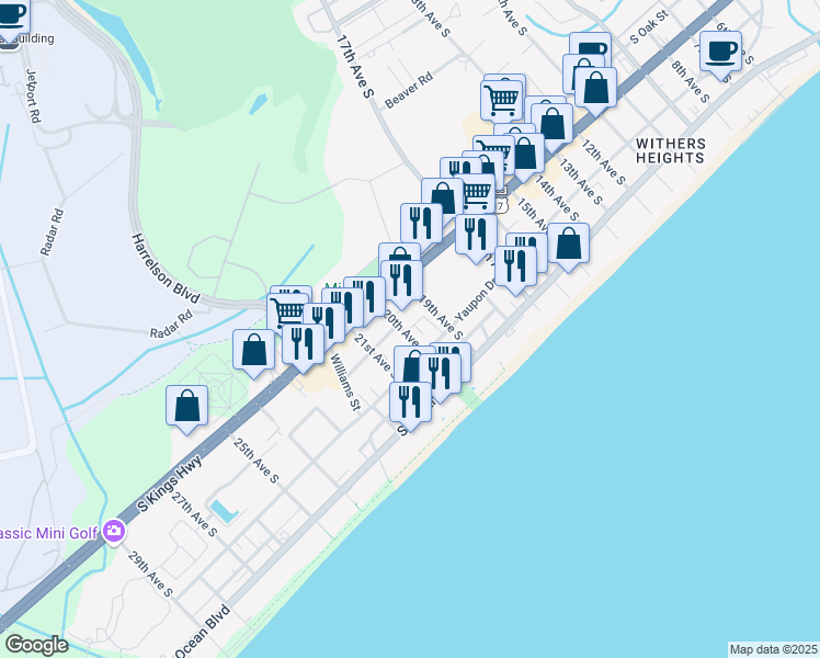 map of restaurants, bars, coffee shops, grocery stores, and more near 370 Snorkel Way in Myrtle Beach