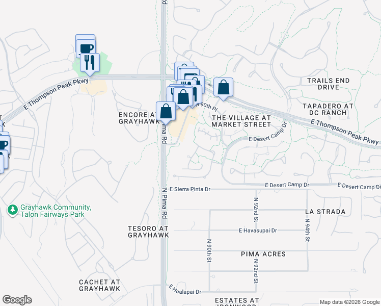 map of restaurants, bars, coffee shops, grocery stores, and more near 8883 East Rusty Spur Place in Scottsdale