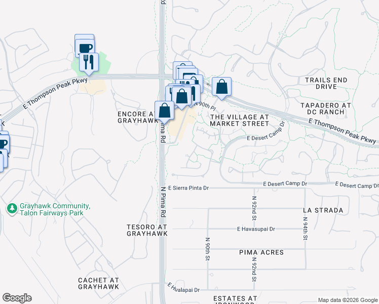 map of restaurants, bars, coffee shops, grocery stores, and more near 8883 East Rusty Spur Place in Scottsdale