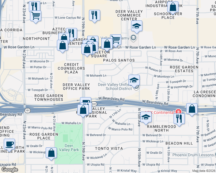 map of restaurants, bars, coffee shops, grocery stores, and more near 20423 North 17th Drive in Phoenix