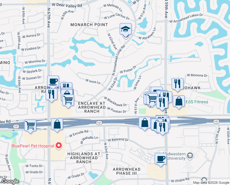 map of restaurants, bars, coffee shops, grocery stores, and more near 6234 West Irma Lane in Glendale