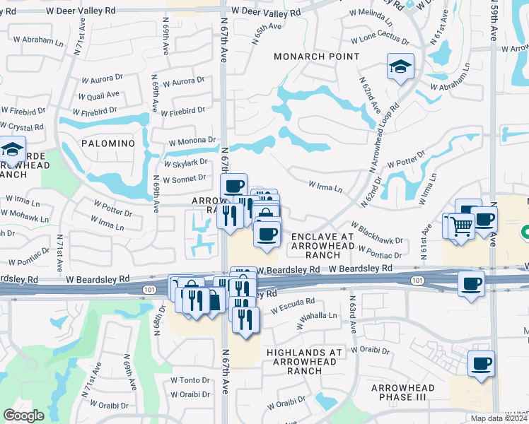 map of restaurants, bars, coffee shops, grocery stores, and more near 6509 West Tonopah Drive in Glendale