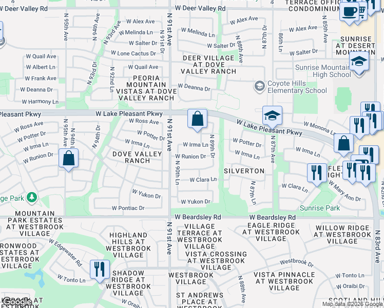 map of restaurants, bars, coffee shops, grocery stores, and more near 9021 West Irma Lane in Peoria