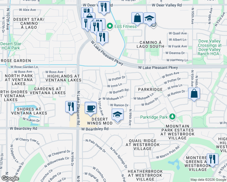 map of restaurants, bars, coffee shops, grocery stores, and more near 10019 West Irma Lane in Peoria