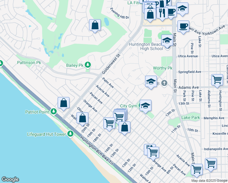 map of restaurants, bars, coffee shops, grocery stores, and more near 6872 Presidente Drive in Huntington Beach