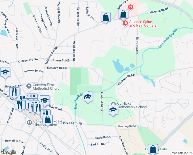 map of restaurants, bars, coffee shops, grocery stores, and more near 1190 Crestview Circle Northeast in Conyers