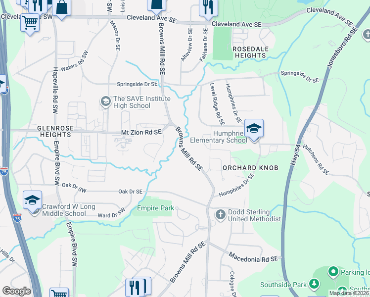 map of restaurants, bars, coffee shops, grocery stores, and more near 3044 Browns Mill Road Southeast in Atlanta