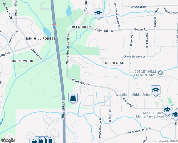 map of restaurants, bars, coffee shops, grocery stores, and more near 3127 Stonegate Drive in Atlanta