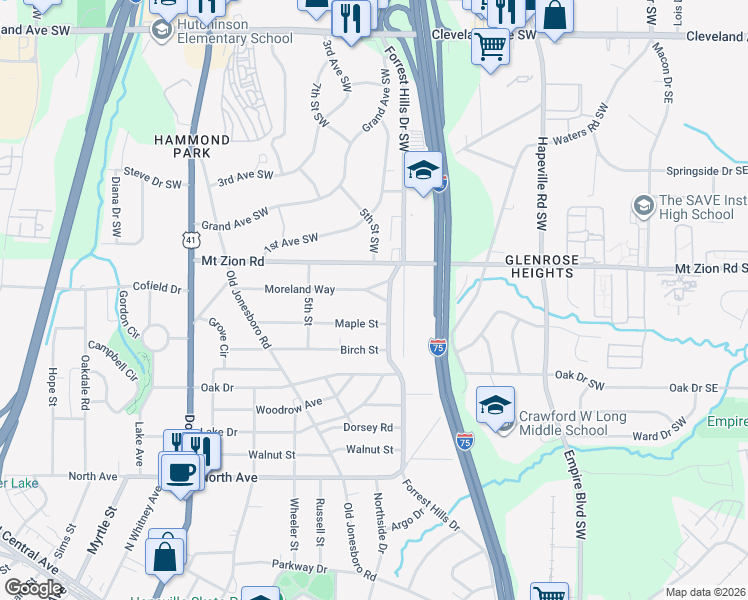 map of restaurants, bars, coffee shops, grocery stores, and more near 214 Moreland Way in Atlanta