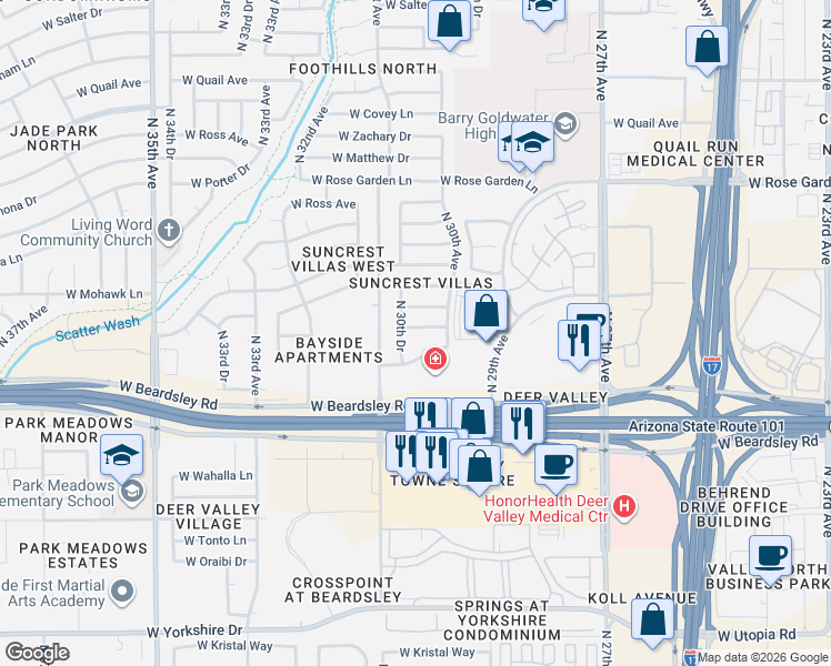 map of restaurants, bars, coffee shops, grocery stores, and more near 3046 West Tonopah Drive in Phoenix