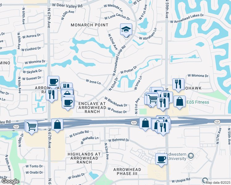 map of restaurants, bars, coffee shops, grocery stores, and more near 6234 West Irma Lane in Glendale