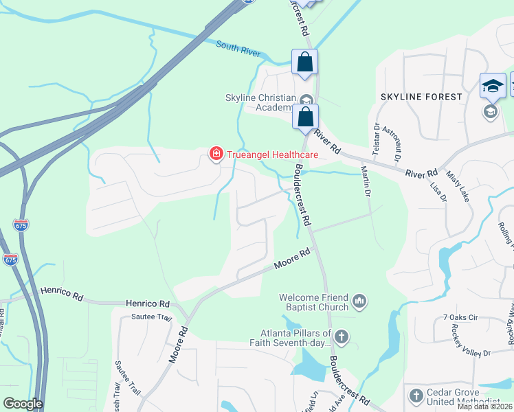map of restaurants, bars, coffee shops, grocery stores, and more near 2216 Boulder Run Tr in Ellenwood