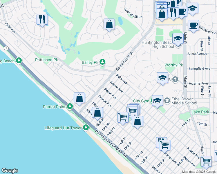 map of restaurants, bars, coffee shops, grocery stores, and more near 511 22nd Street in Huntington Beach