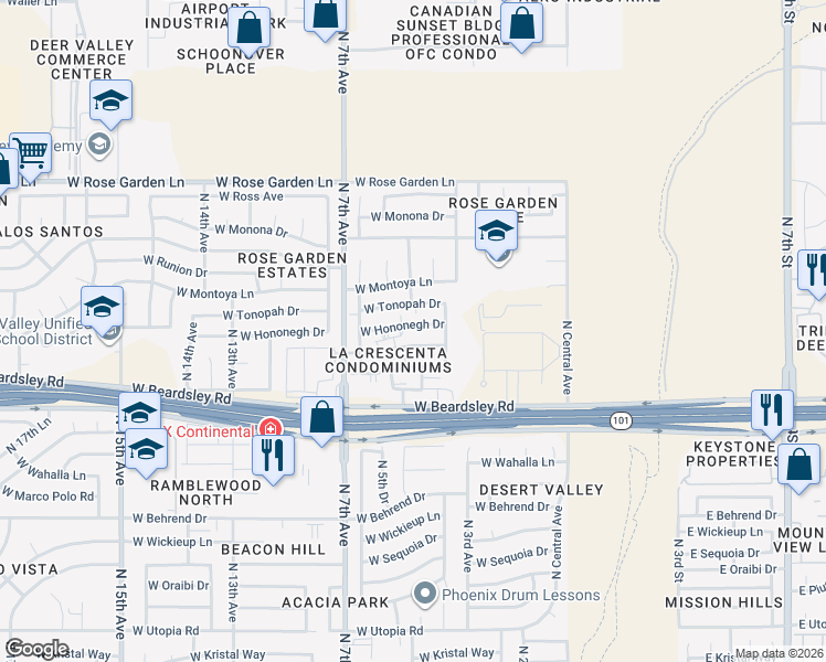 map of restaurants, bars, coffee shops, grocery stores, and more near 502 West Hononegh Drive in Phoenix