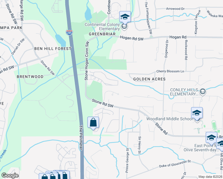 map of restaurants, bars, coffee shops, grocery stores, and more near 3131 Stonegate Court in Atlanta