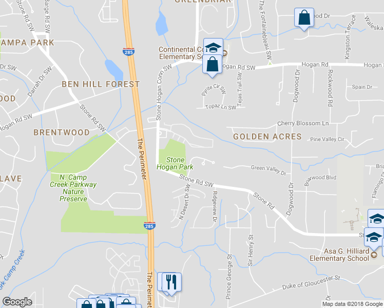 map of restaurants, bars, coffee shops, grocery stores, and more near 3143 Stonegate Drive in Atlanta