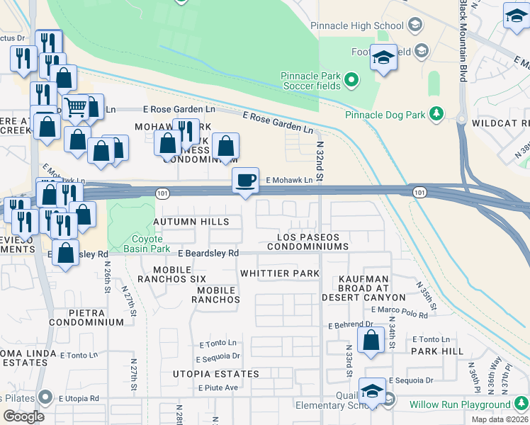 map of restaurants, bars, coffee shops, grocery stores, and more near 20404 North 30th Way in Phoenix
