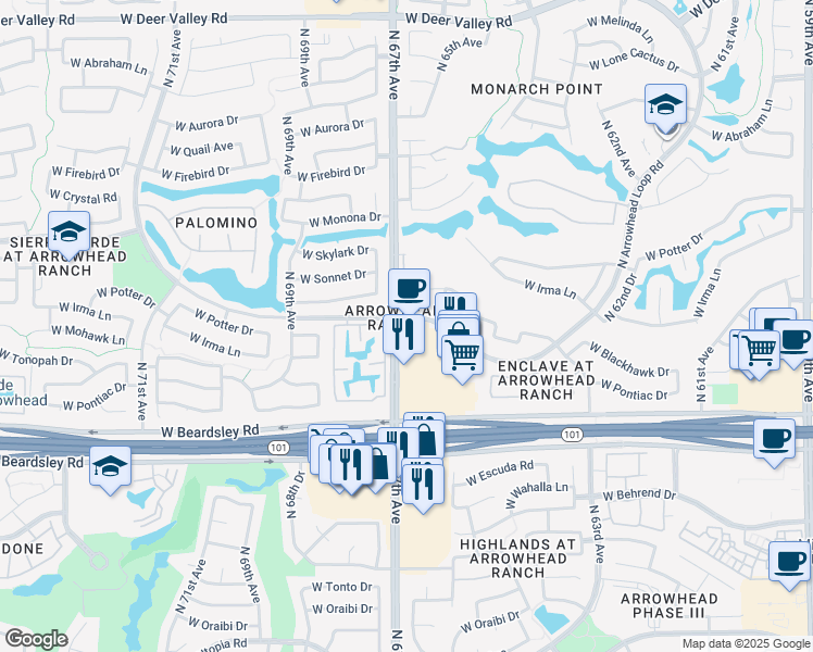 map of restaurants, bars, coffee shops, grocery stores, and more near 20249 North 67th Avenue in Glendale