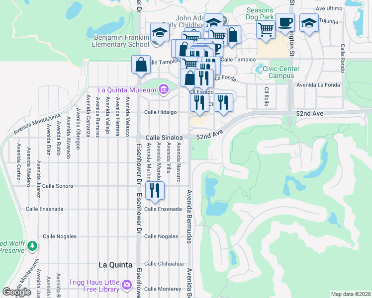 map of restaurants, bars, coffee shops, grocery stores, and more near 51885 Avenida Bermudas in La Quinta