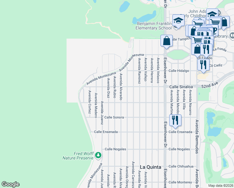 map of restaurants, bars, coffee shops, grocery stores, and more near 51870 Avenida Rubio in La Quinta