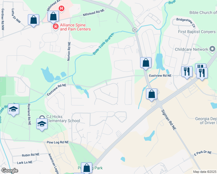 map of restaurants, bars, coffee shops, grocery stores, and more near 1457 George Place Northeast in Conyers