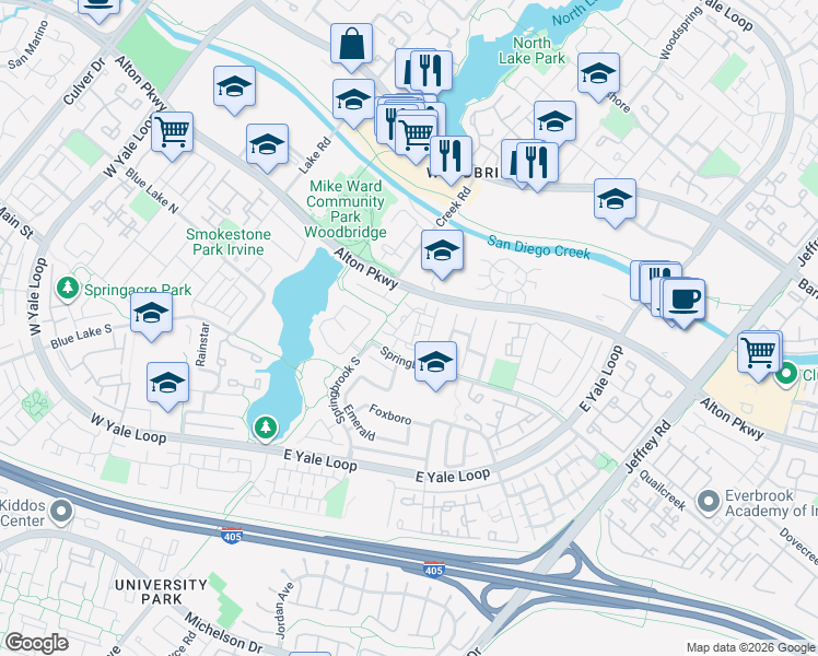 map of restaurants, bars, coffee shops, grocery stores, and more near 103 Goldenrod in Irvine