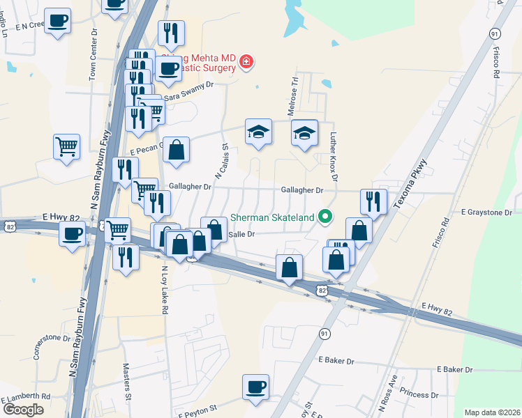 map of restaurants, bars, coffee shops, grocery stores, and more near 3210 Marseille Street in Sherman