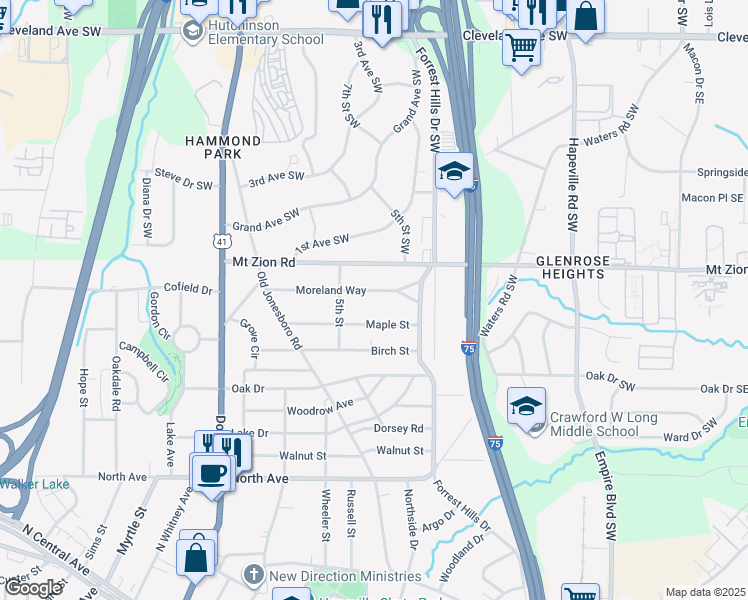 map of restaurants, bars, coffee shops, grocery stores, and more near 250 Moreland Way in Hapeville