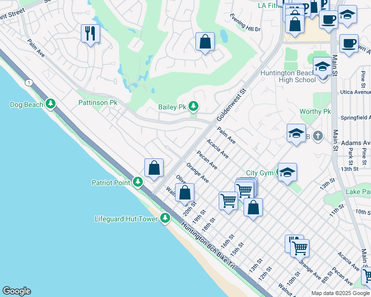 map of restaurants, bars, coffee shops, grocery stores, and more near 20092 Sand Dune Lane in Huntington Beach