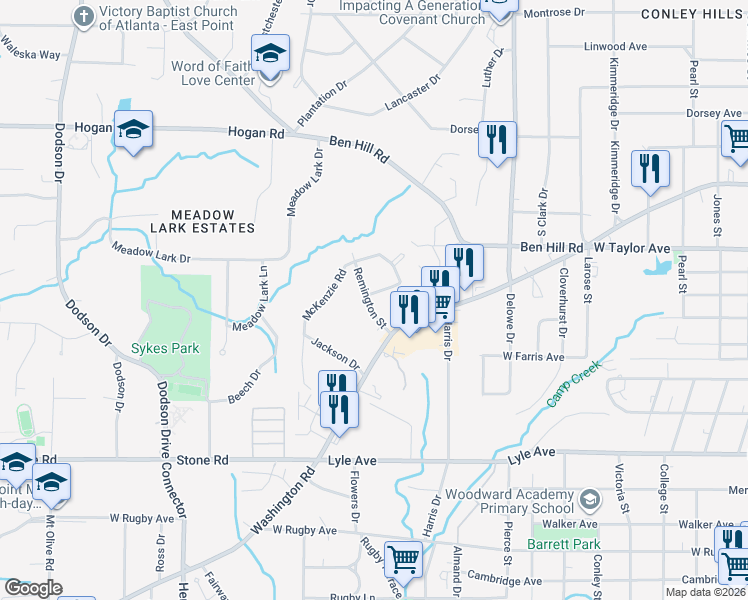 map of restaurants, bars, coffee shops, grocery stores, and more near 3074 Remington St in East Point