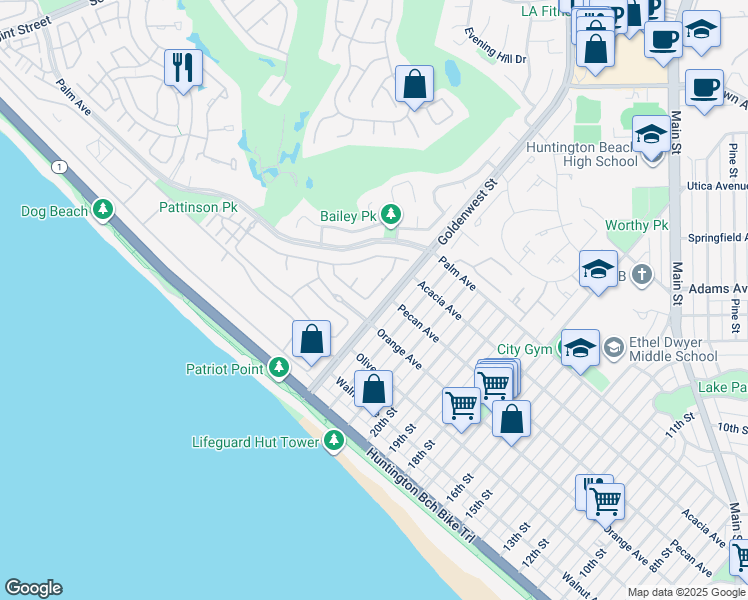 map of restaurants, bars, coffee shops, grocery stores, and more near 20092 Sand Dune Lane in Huntington Beach