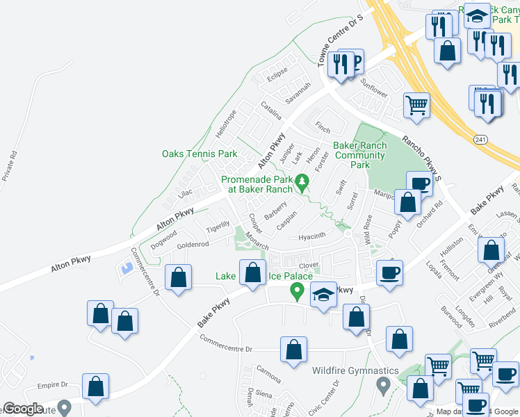 map of restaurants, bars, coffee shops, grocery stores, and more near 84 Fuchsia in Lake Forest
