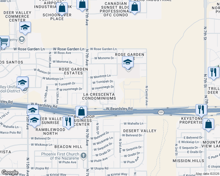 map of restaurants, bars, coffee shops, grocery stores, and more near 502 West Hononegh Drive in Phoenix