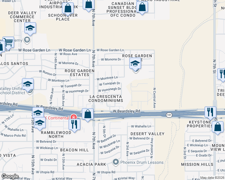 map of restaurants, bars, coffee shops, grocery stores, and more near 502 West Hononegh Drive in Phoenix
