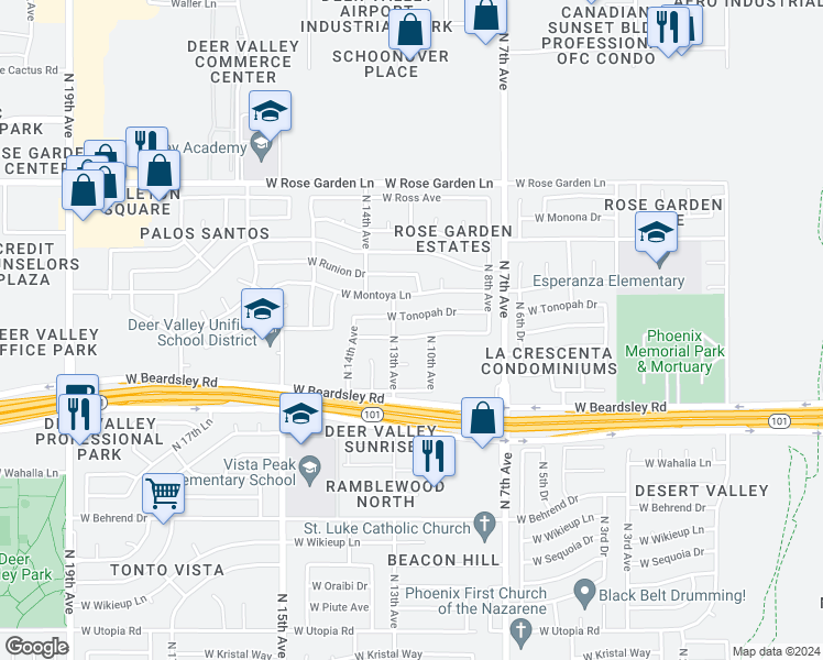 map of restaurants, bars, coffee shops, grocery stores, and more near 1007 West Tonopah Drive in Phoenix