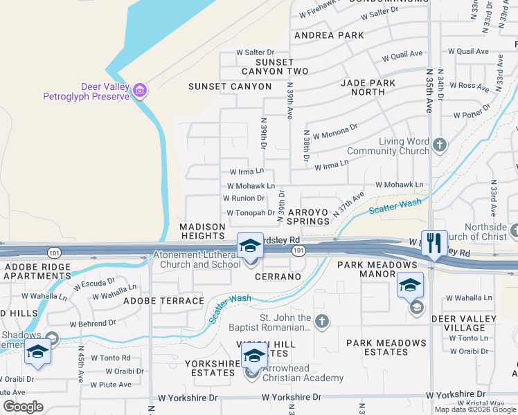 map of restaurants, bars, coffee shops, grocery stores, and more near 4031 West Runion Drive in Glendale