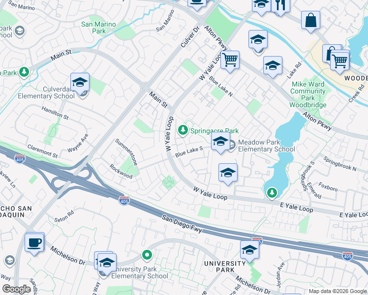 map of restaurants, bars, coffee shops, grocery stores, and more near 34 Springacre in Irvine