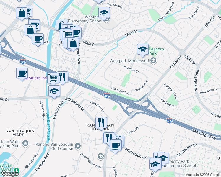 map of restaurants, bars, coffee shops, grocery stores, and more near 2 Carrol Avenue in Irvine