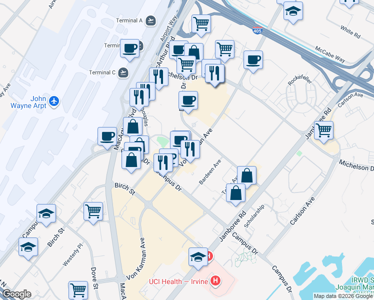 map of restaurants, bars, coffee shops, grocery stores, and more near 18831 Von Karman Avenue in Irvine
