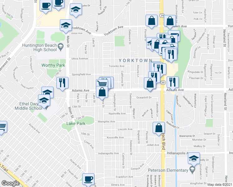map of restaurants, bars, coffee shops, grocery stores, and more near 315 Coral Reef Drive in Huntington Beach