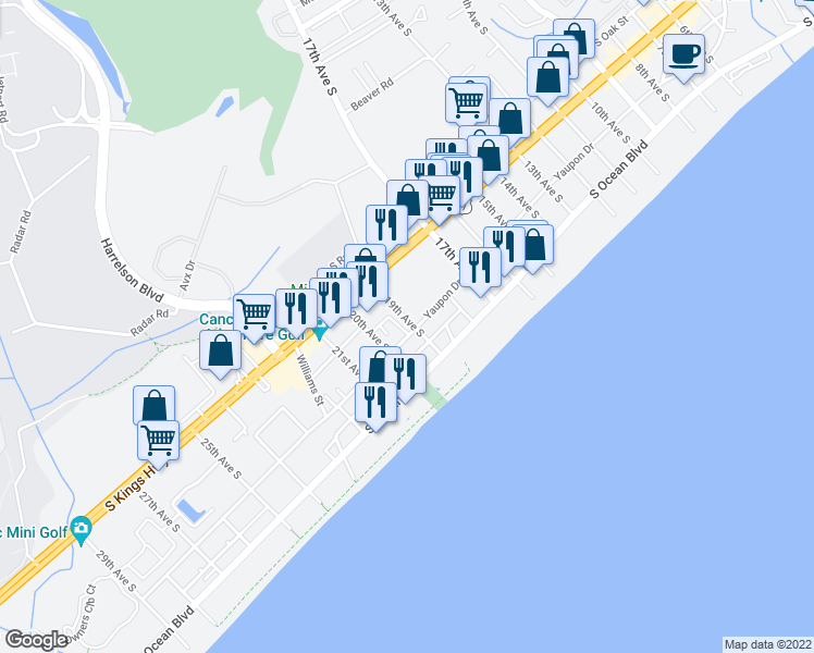 map of restaurants, bars, coffee shops, grocery stores, and more near 606 Snorkel Way in Myrtle Beach