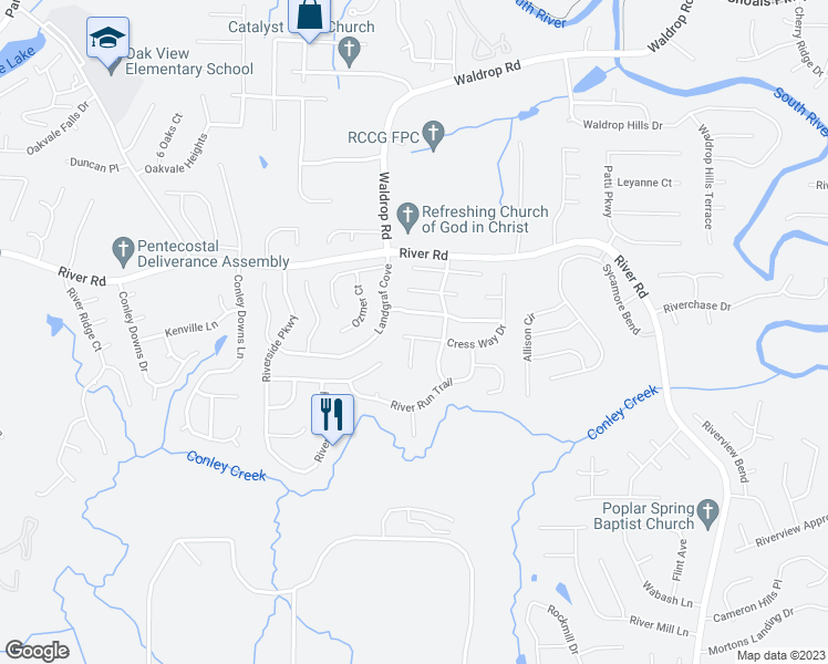 map of restaurants, bars, coffee shops, grocery stores, and more near 3853 Cress Way Drive in Decatur