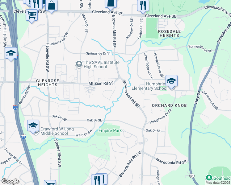 map of restaurants, bars, coffee shops, grocery stores, and more near 3033 Embry Way Southeast in Atlanta