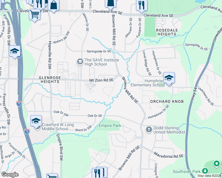map of restaurants, bars, coffee shops, grocery stores, and more near 3033 Embry Way Southeast in Atlanta