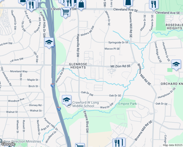 map of restaurants, bars, coffee shops, grocery stores, and more near 3052 Highbury Trail Southwest in Atlanta