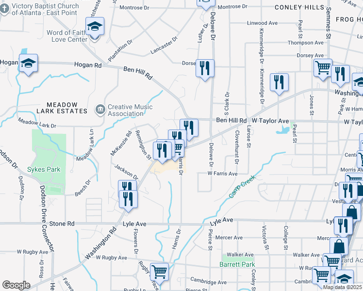 map of restaurants, bars, coffee shops, grocery stores, and more near 3073 Washington Road in East Point