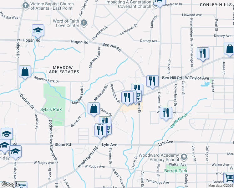 map of restaurants, bars, coffee shops, grocery stores, and more near 3074 Remington Street in East Point