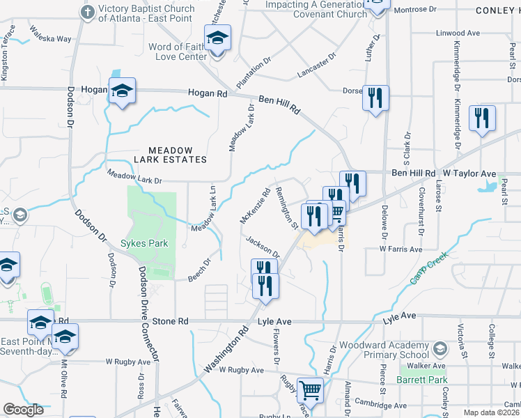 map of restaurants, bars, coffee shops, grocery stores, and more near 3052 McKenzie Road in East Point